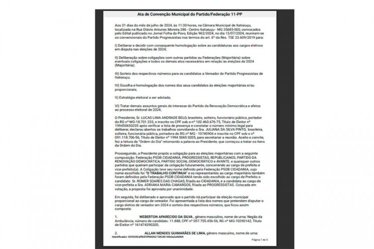 Ata de Convenção Municipal do Partido/Federação 11-PP