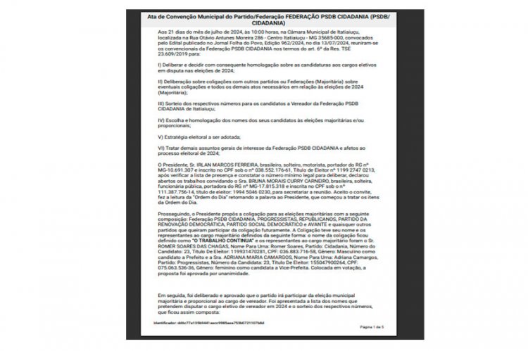 Ata de Convenção Municipal do Partido/Federação FEDERAÇÃO PSDB CIDADANIA (PSDB/ CIDADANIA)