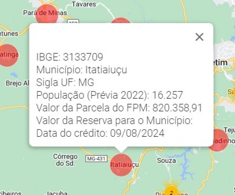 FPM DE AGOSTO - Itatiaiuçu recebe parcela de R$ 820 mil